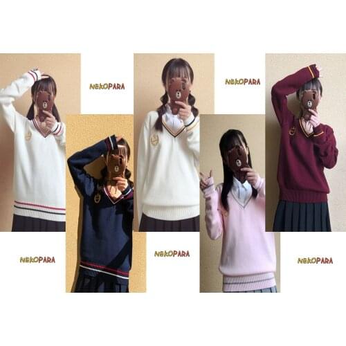 Womens Knitted Sweater Japanese Student Uniform JK Deep V-neck Autumn&Winter Thick Sweaters Crown Embroidery 5 Colours