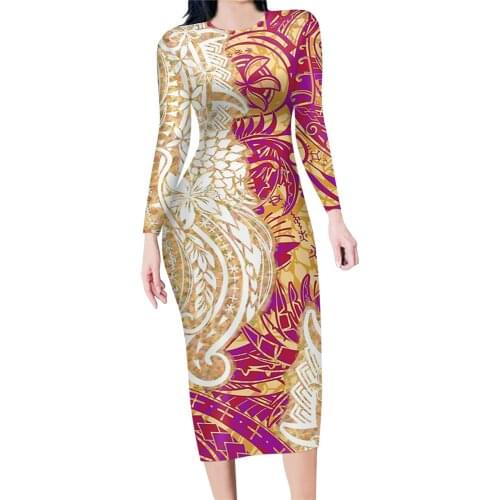 Noisydesigns Hot Style Long Sleeves Bodycon Slim Sexy Dress For Women Hawaii Polynesian Tribe Pattern Design Party Soft Vestidos