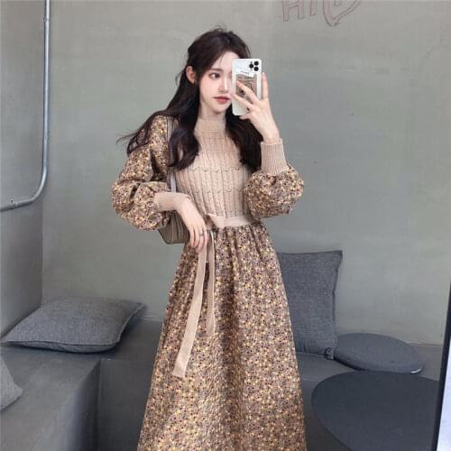 Retro Fake Two-Piece Floral Dress Female Autumn And Winter Long Sleeve 2020 New Mid-Length Slim Fashion Patchwork Dress y1071