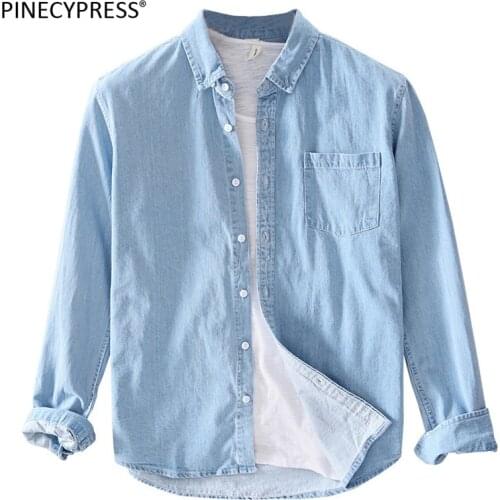 100% Cotton Man Denim Shirt Quality Spring Autumn Long Sleeve Male Solid Fashion Pocket Blue Men Jean Casual Cowboy Shirts