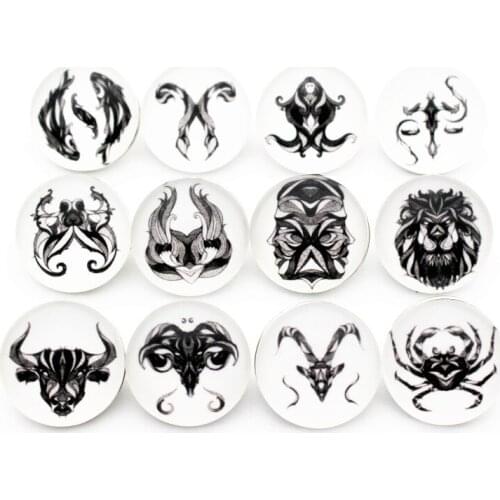 12Pcs/lot New Snap Jewelry Plain 12 Constellation Zodiac Print Glass Snap Buttons Fit 18mm Snap Bracelet Bangle Necklace