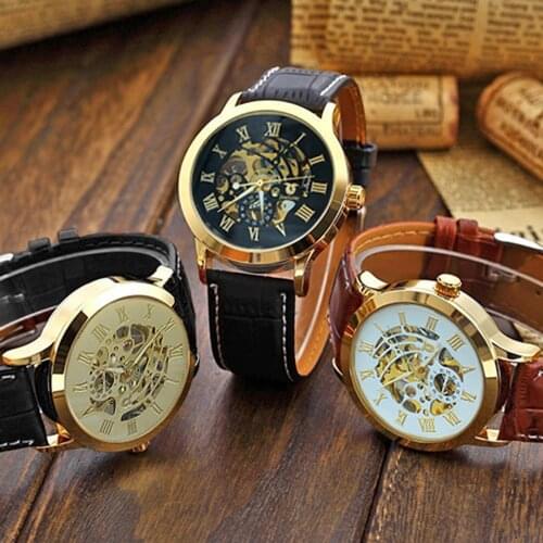 2018 Popular 3 Color Mens Fashion Roman Numerals Mechanical Skeleton Hollow Dial Wrist Watch Gift