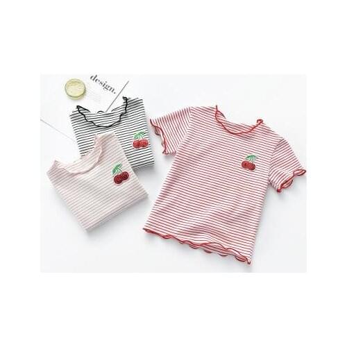 Children T-shirts Cotton Striped Short Sleeves Shirt for Girls Summer 2019 Kids Clothing Cherry Wood Ear Toddler Baby Tshirts