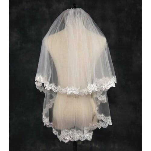 Veu de Noiva Lace Edge Short Wedding Veil with Comb White Ivory Two Layers Tulle Bridal Veil Bride Accessories Welon Slubny