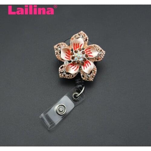 Colorful Jewelry High Quality Retractable Badge Holder Vintage Gold Rhinestone Flower ID badge Reel