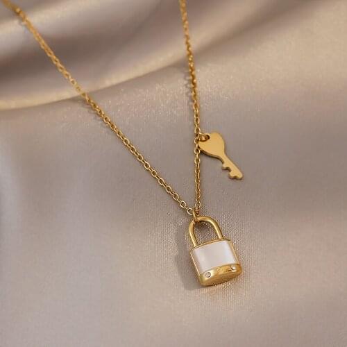 Fashion Titanium Steel Lock Portrait Pendants Necklaces For Women Gold Metal Key Lock Necklace New Design Jewelry Gift