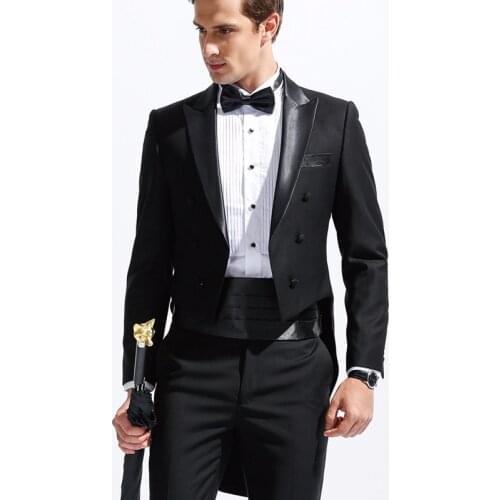 Black Formal Men Suits Tail Coat Double Breasted Groom Tuxedos for Wedding 3 Piece Male Fashion Set Jacket with Pants Waistband