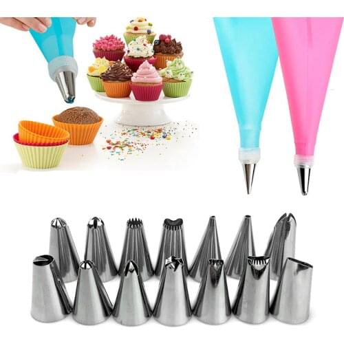 16Pcs/Set 14 Stainless Steel Nozzle with 1 Silicone Pastry Bag DIY Tips Set Kitchen Accessories Pastry Cake Decorating Tools