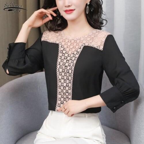 New Fashion Hollow Out Chiffon Women Shirt Office Lady Plaid O Neck Women Blouse and Tops Black Plus Size Female Clothing 13222