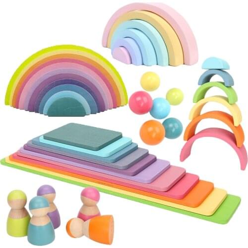 Rainbow Stacker Baby Montessori Game Creative Wooden Toys Macaron Wood Rainbow Building Blocks Montessori Educational Wooden Toy