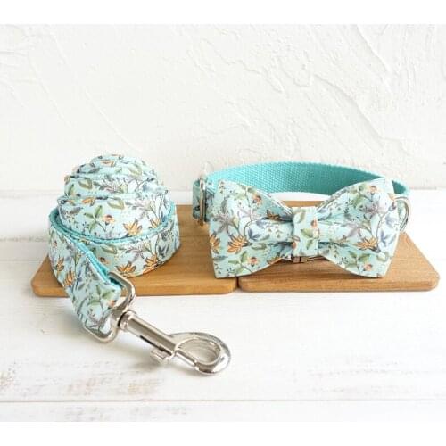Adjustable Dog Collar Metal Id Engrave Buckle Necklace Pet Blue Flower Neck Band Strap Leash