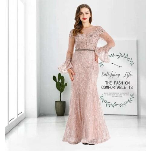 Dubai Muslim Pink Luxury Long elegant Evening Dresses 2021 Crystal Mermaid Evening Gowns,Party HO1093