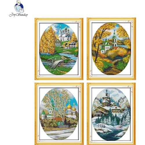 Four seasons in coast cross stitch kits 14ct printed canvas 11ct counted fabric embroidery dIY handmade needlework crafts