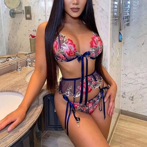 Womens Embroidered Bra Sexy Temptation Lingerie Set Floral Lace Bra Transparent Thong Bow Erotic Exotic Set Erotic Lingerie
