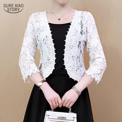 2021 Short S-4XL Large Size Coat Autumn V-neck Noble Jacket Woman Lace Tops Beaded Hollow Sunscreen Cardigan Soft Elegant 16823
