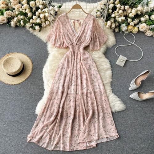 2021 Summer Womens Dress Korean Retro Floral V-neck Waistless Chiffon Dress New Slim Big Swing Female Dresses LH468