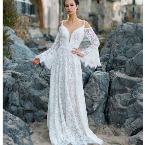 Spaghetti Straps Flare Sleeve Wedding Dress Lace Bohemian Sweep Train Beach Bridal Dress Wedding Gowns vestido novia Robe De
