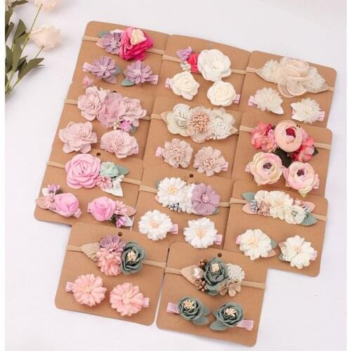 11 Sets/lot Boho Floral Headband Girls FLower Nylon Headbands Infant Toddler Hair Accessories Turban Baby Flower Hair Clips