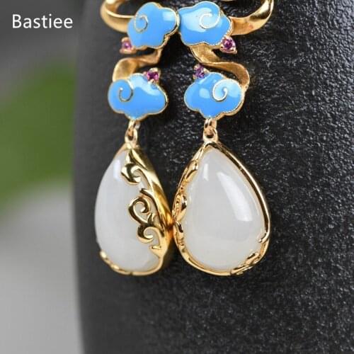 Bastiee Earrings For Women Vintage Silver 925 Jewelry Korean Earrings Jade Dangle Earrings Silver Earrings Golden Plated