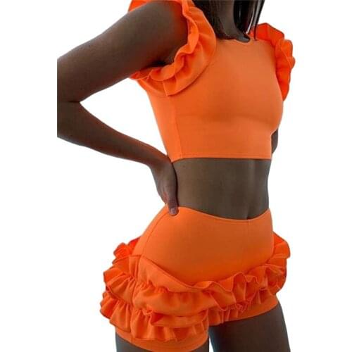 Free shipping Women clothes solid Ruffle shorts round neck sleeveless pullover vest 2pc casual Polyester outfits