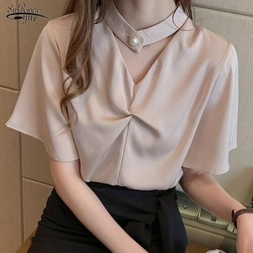 Blusas 2021 Summer V-neck Short Sleeve Shirt Korean Chiffon Blouse Women Tops Office Lady Solid Elegant Wild Chic Clothing 9607