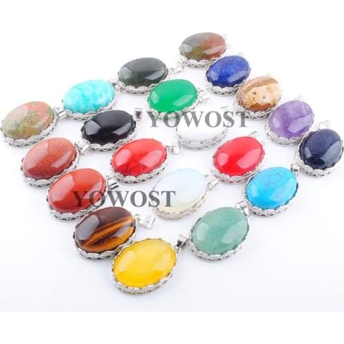 Random Mixed 10pcs Natural Stone Oval Bead Dangle Pendant Jewelry Owyhee Picture Amazonite Blue Sand Amethysts Opal Jades QBN329