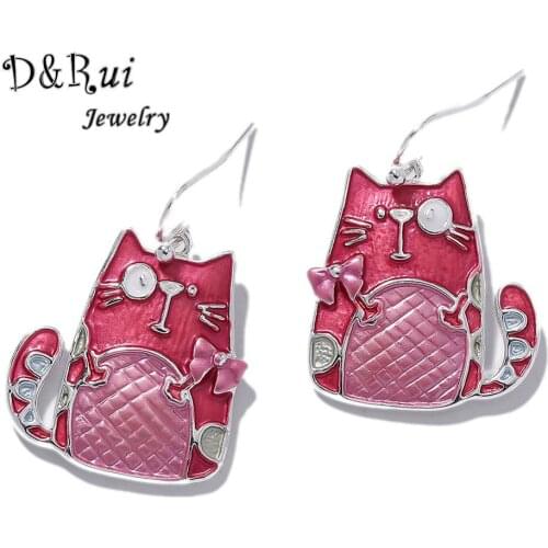 D&Rui Jewelry Womens Enamel Cat Earrings for Women Cute Cartoon Pink Bohemian Fashion Dangle Drop Earring Earrings Alloy Female