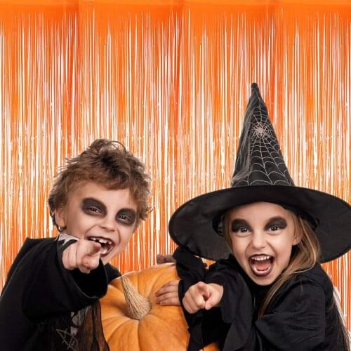 Halloween Background Curtain Decoration Orange Black White Halloween Party Tinsel Fringe Foil Curtain Haunted House Decoration