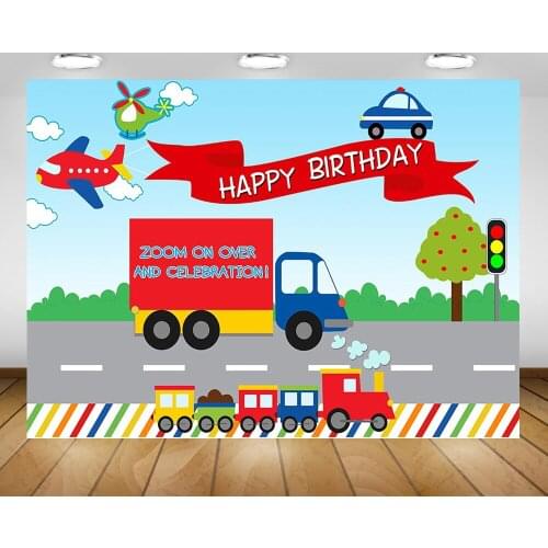 Cartoon Children Happy Birthday Background for Photography Celebration Traffic Light Car Backdrop Sky Aircraft Boys Party Banner