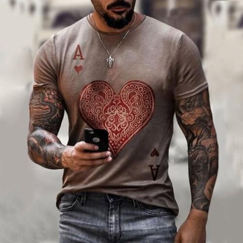 New Summer Fashion Casual Mens T-shirt Round Neck Short Sleeve Digital Red Heart Poker Print Slim T Shirt For Mens Top S-3XL