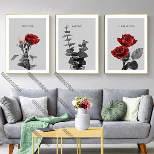 Modern Style Canvas Vintage Flowers Blooming Red Roses and Eucalyptus Leaves Painting Posters for Living Room Bedroom Decoration