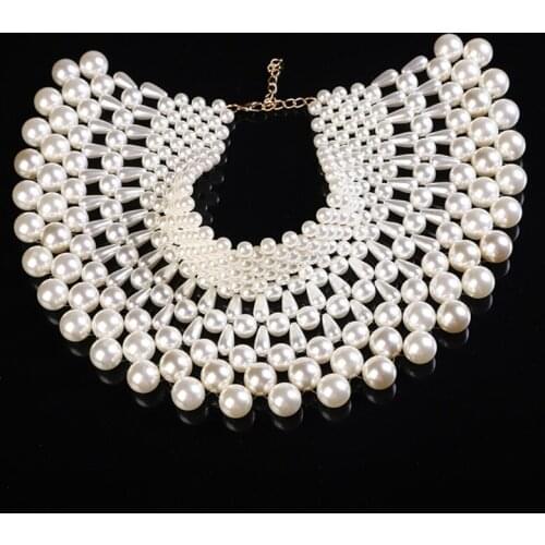 Imitation Pearl Wavy Chain Necklace Bib Choker Vintage Western Wedding Dress Hollow Out Jewelry Body Chain Collar Shawl