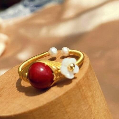 Tian Guan Ci Fu Xie Lian Hua Cheng Rings Red Cinnabar Shell Small White Flower Winding Finger Ring Fashion Jewelry Cosplay Gift