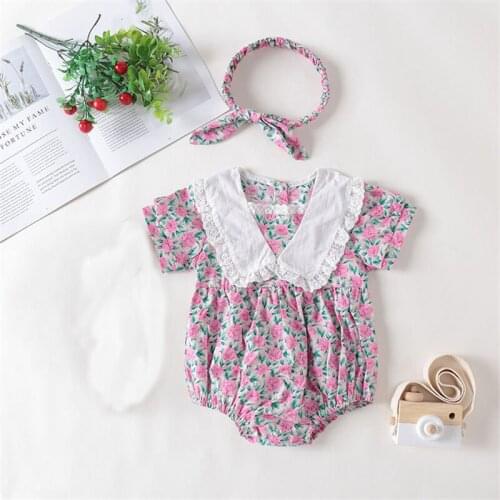 Childrens floral triangle romper summer thin romper baby girl foreign style lace lapel one-piece climbing romper
