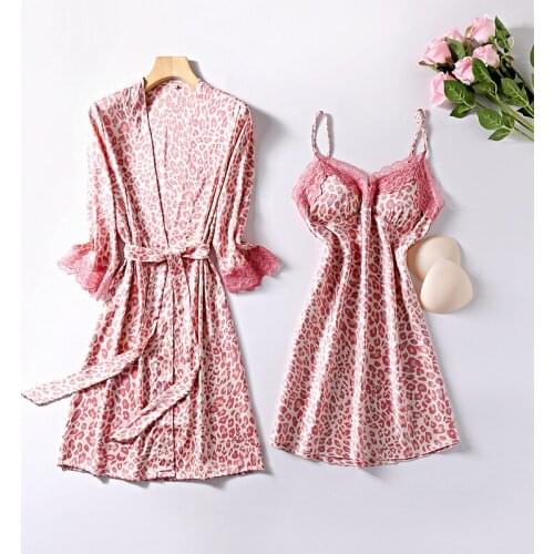 Pink Leopard Women 2PCS Robe Sets Sexy Lace Floral Trim Rayon Loungwear Kimono Bathrobe Knee-Length Sleepwear HomeDress