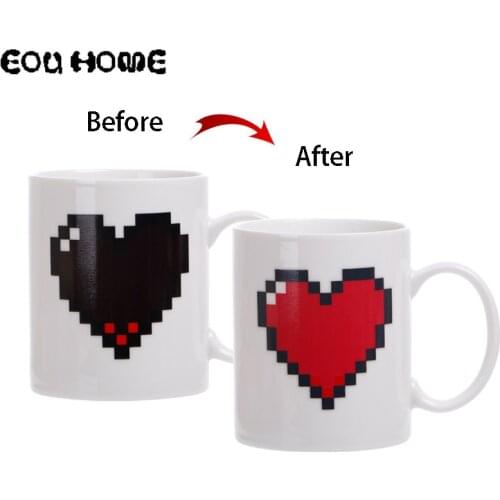Creative Heart Shape Color Changing Mugs Discoloration Cup Heat Sensitive Ceramic Coffee Milk Water Cups Surprise Gift Magic Mug