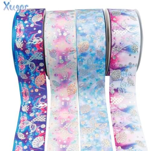 Xugar 2yards 3" 75mm Grosgrian Ribbon Laser Mermaid Foil Printed DIY Hairbows Accessories Decorative Ribbon Wedding Gift Wrap