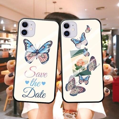 Cute Cartoon Glass Phone Case For iPhone X XS XR 11 12 Pro MAX 6 7 8Plus SE2 Covers Smooth Colorful Butterfly Phone Cases Coque