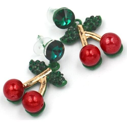 Minar Personality Metallic Cartoon Red Color Cherry Pendant Earrings for Women Ladies Green Rhinestone Earrings Accessories