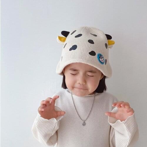 Cartoon Cow Cap For Kids Baby Korean Version Knitted Bucket Hats Winter Keep Warm Children Beanies Accessories Boy Girl Bonnet