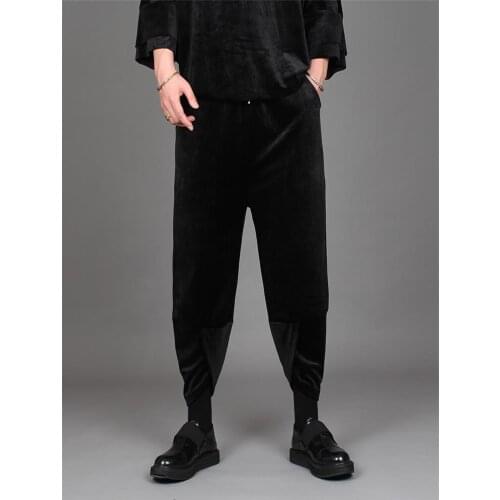 Autumn and winter mens pure color soft velvet fabric corduroy nine minute pants mens elastic pants radish pants