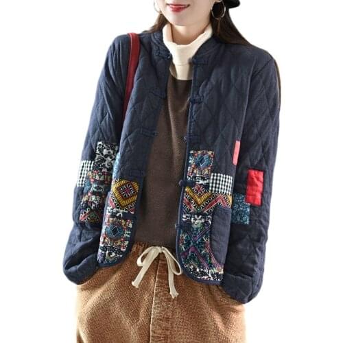 Autumn Winter Arts Style Women Long Sleeve Vintage Short Coat Patchwork Cotton Linen Single Breasted Thicken Jackets