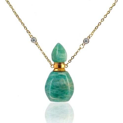1PC Natural Amazonite Stone Pendants Essential Oil Diffuser bottle pendant Stone Jewelry Stainless Chain Necklace Women Jewelry