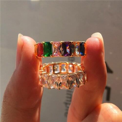 Luxury Female Square Rainbow Zircon Ring Luxury Love Wedding Engagement Ring 18KT Yellow Gold Finger Rings For Women