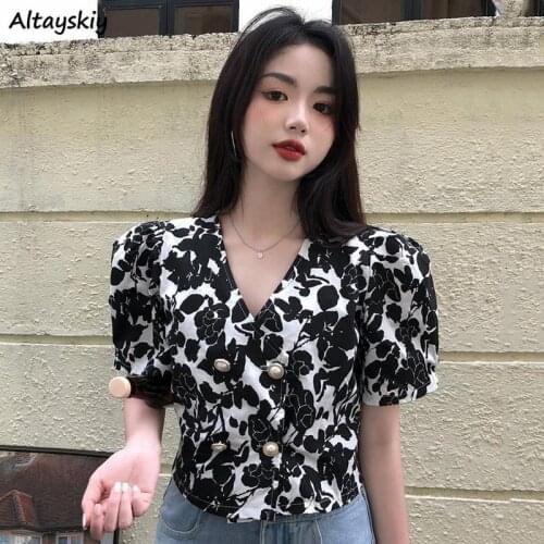 Shirts Women Vintage Casual Tender Ladies Elegant Girl V-neck Puff Sleeve Ulzzang Chic Stylish All-match Holiday Floral Clothing