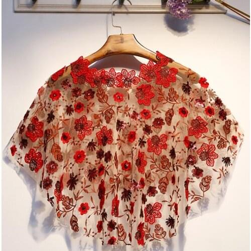 Womens Spring Summer wine red mesh Pashmina Female Summer Sunscreen flower embroidery Mesh Lace Shawl R1604