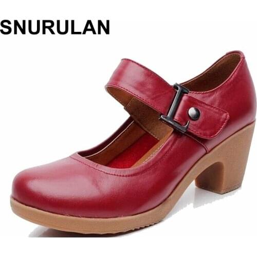 SNURULAN Spring Autumn Shoes Woman 100% Genuine Leather Women Lady Leather Round Toe Platform Shallow Mouth Shoes