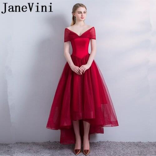 JaneVini 2018 Sexy High Low Red Long Bridesmaid Dresses Plus Size Off the Shoulder Floor Length Tulle Backless Formal Prom Gowns