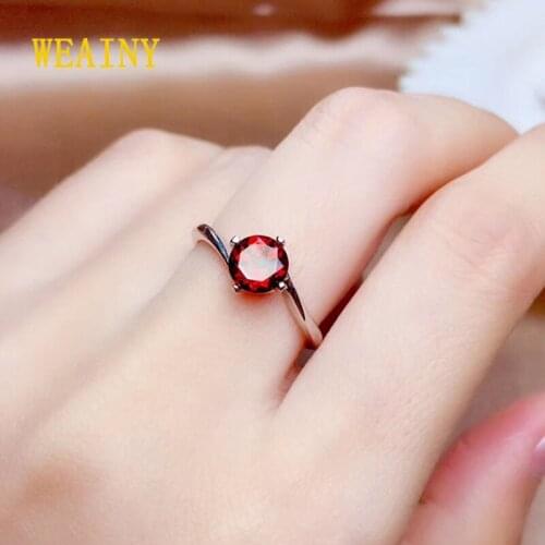 WEAINY Promise Ring 925 Sterling Silver Platinum Plated Natural Round Red Garnet Gift Jewelry for Women