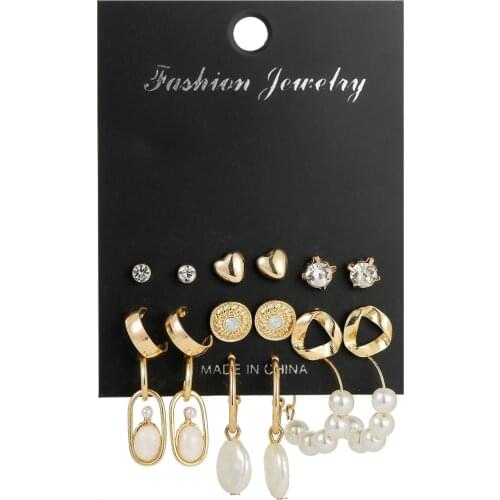 Women Fashion Jewelry Geometric Alloy Earring Set Vintage Crystal Imitation Pearl Heart Shape Stud Earrings Wholesale